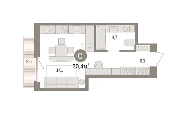 Новая квартира-студия
 30.4 м² на 12/16 этаже в ЖК «Квартал «Траектория»» в городе Тюмень 