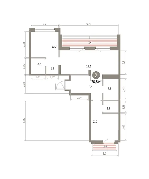 Количество комнат: 2,  70.76 кв.м.