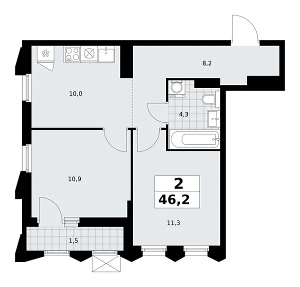 Новая 2-к квартира
 46.2 м² на 15/17 этаже в ЖК «Деснаречье» в городе Тюмень 