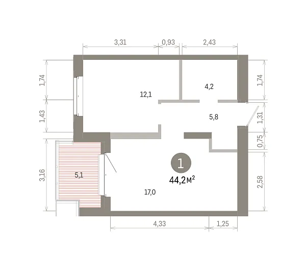 Количество комнат: 1,  43.93 кв.м.