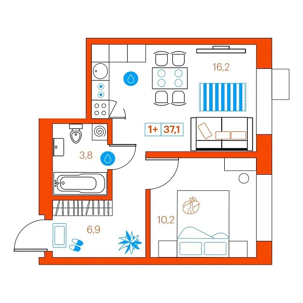 Количество комнат: 1,  37.2 кв.м.