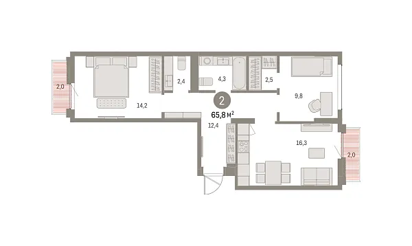 Новая 2-к квартира
 65.79 м² на 6/9 этаже в ЖК «Брусника в Академическом» в городе Тюмень 