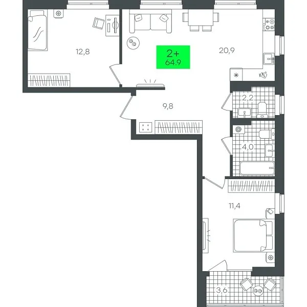 Новая 2-к квартира
 64.97 м² на 6/22 этаже в ЖК «Гранд Квартал» в городе Тюмень 