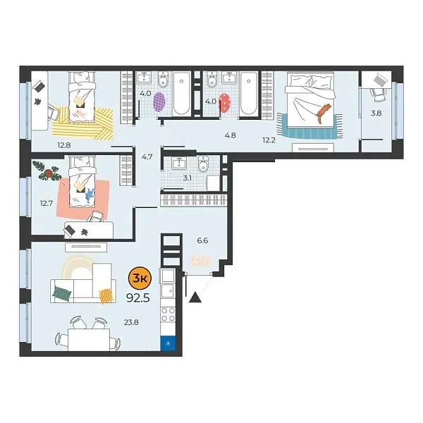 Новая 3-к квартира
 92.5 м² на 3/14 этаже в ЖК «Корней» в городе Тюмень 