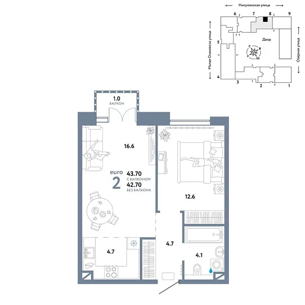 Новая 2-к квартира
 48.2 м² на 7/30 этаже в ЖК «Страна.Озёрная» в городе Тюмень 
