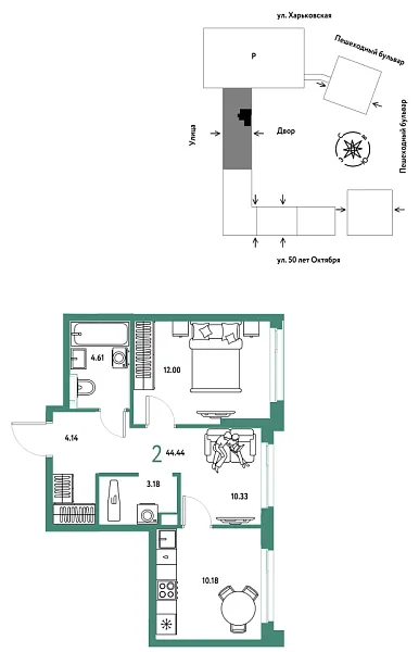 Новая 2-к квартира
 44.44 м² на 3/25 этаже в ЖК «Сердце Сибири» в городе Тюмень 
