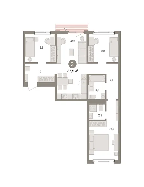 Новая 3-к квартира
 82.9 м² на 6/9 этаже в ЖК «Квартал «Траектория»» в городе Тюмень 