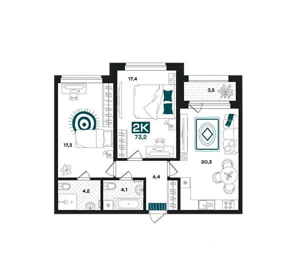 Новая 2-к квартира
 73.2 м² на 3/23 этаже в ЖК «Добро» в городе Тюмень 
