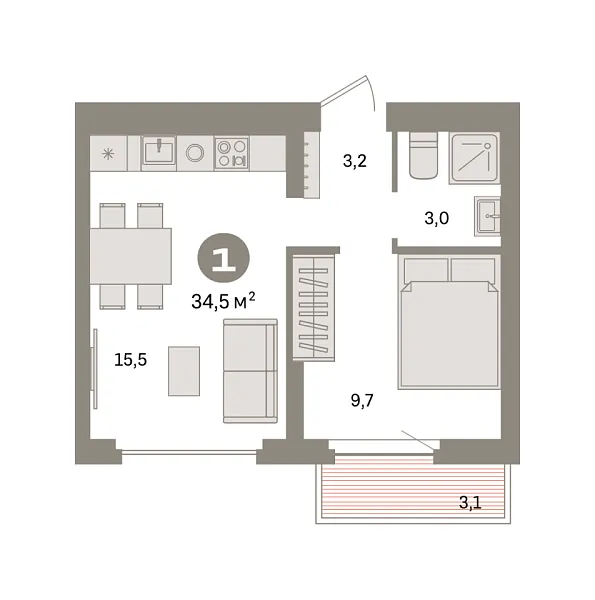 Новая 1-к квартира
 34.5 м² на 9/9 этаже в ЖК «Квартал «Депо»» в городе Тюмень 