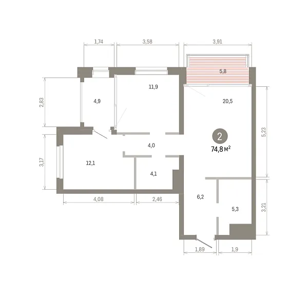 Количество комнат: 2,  74.76 кв.м.