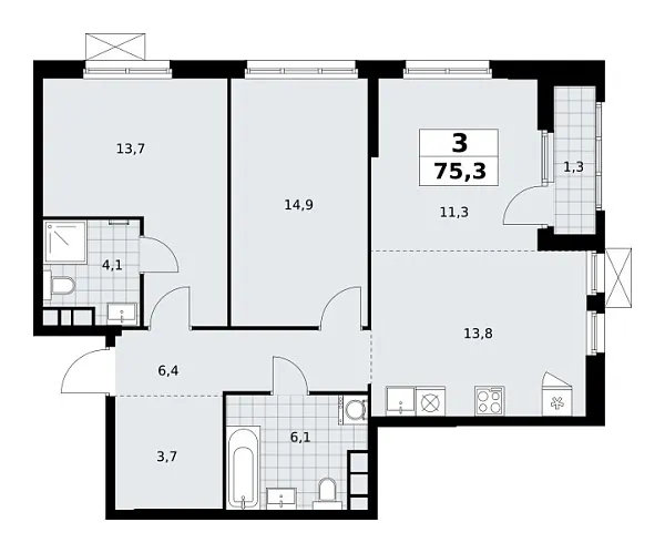 Новая 3-к квартира
 75.3 м² на 17/24 этаже в ЖК «Южные сады» в городе Тюмень 