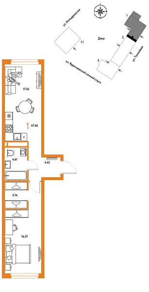 Новая 1-к квартира
 47.66 м² на 5/9 этаже в ЖК «Страна.Тополёвая» в городе Тюмень 