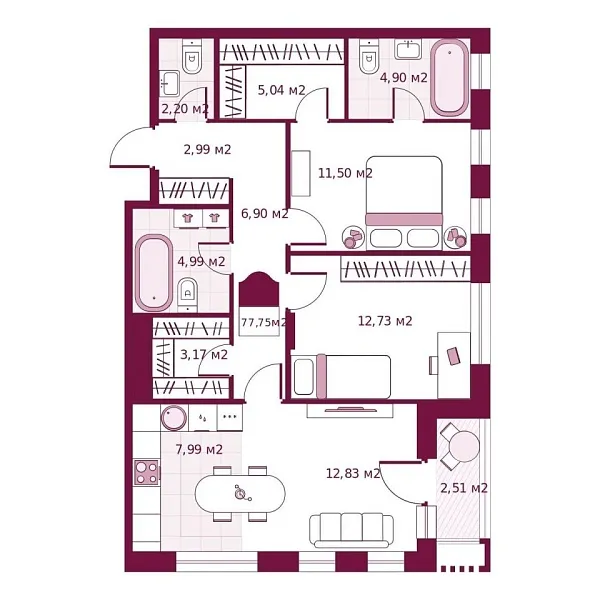 Новая 2-к квартира
 77.75 м² на 2/6 этаже в ЖК «Secret Place» в городе Тюмень 