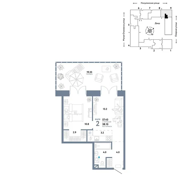 Новая 2-к квартира
 57.43 м² на 2/30 этаже в ЖК «Страна.Озёрная» в городе Тюмень 