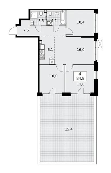Новая 4-к квартира
 84.8 м² на 2/15 этаже в ЖК «Деснаречье» в городе Тюмень 