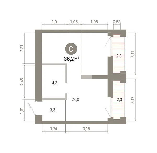 Количество комнат: Студия,  36.2 кв.м.