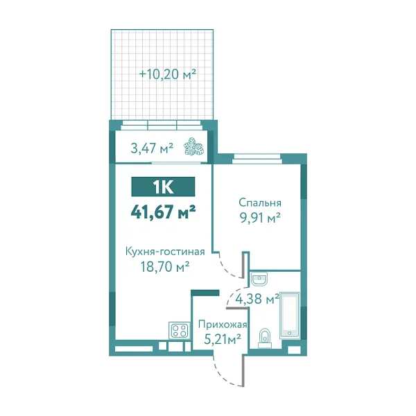 Новая 1-к квартира
 41.67 м² на 1/10 этаже в ЖК «Акватория» в городе Тюмень 