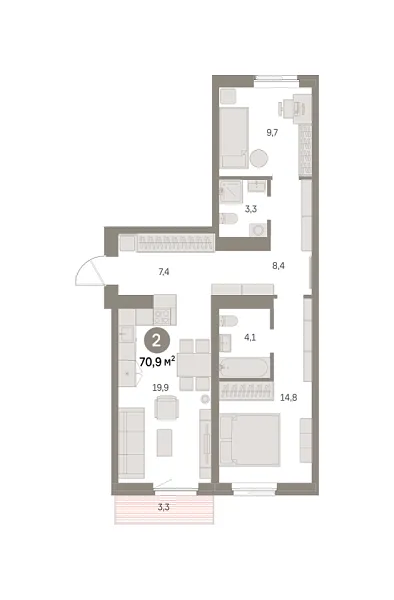 Новая 2-к квартира
 70.92 м² на 5/9 этаже в ЖК «Шишимская горка» в городе Тюмень 