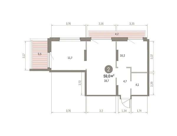 Количество комнат: 2,  59 кв.м.