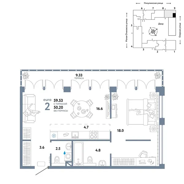 Новая 2-к квартира
 59.53 м² на 8/30 этаже в ЖК «Страна.Озёрная» в городе Тюмень 
