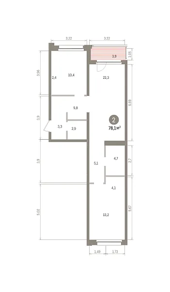 Количество комнат: 2,  78.1 кв.м.