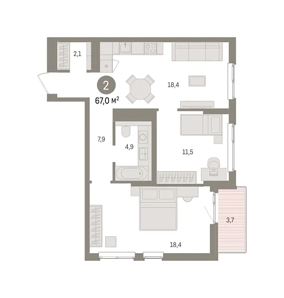 Новая 2-к квартира
 66.97 м² на 5/9 этаже в ЖК «Брусника в Новоселье» в городе Тюмень 