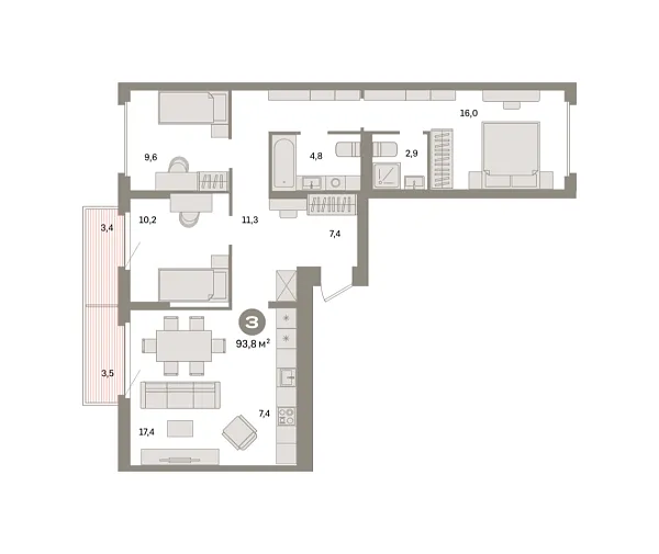 Новая 3-к квартира
 93.77 м² на 3/9 этаже в ЖК «Квартал «Депо»» в городе Тюмень 