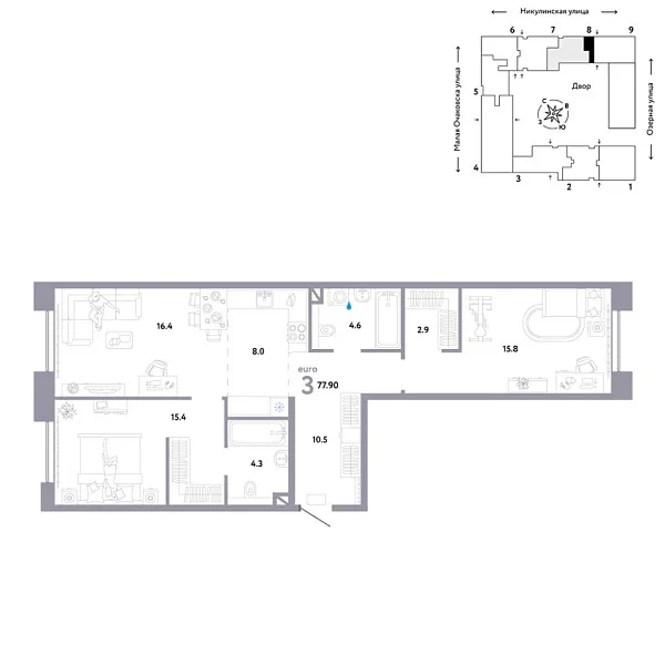 Новая 3-к квартира
 77.9 м² на 2/30 этаже в ЖК «Страна.Озёрная» в городе Тюмень 