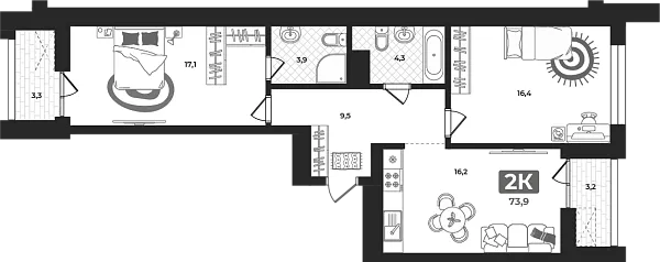 Новая 2-к квартира
 73.9 м² на 6/23 этаже в ЖК «Маэстро» в городе Тюмень 