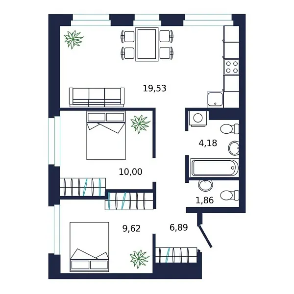 Новая 2-к квартира
 51.3 м² на 3/19 этаже в ЖК «Норден» в городе Тюмень 