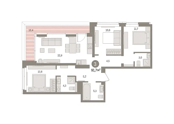 Новая 3-к квартира
 91.74 м² на 2/16 этаже в ЖК «Кварталы «На Минской»» в городе Тюмень 