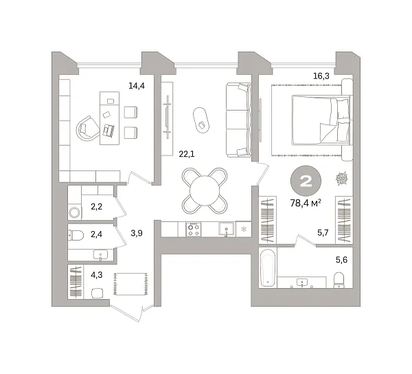 Количество комнат: 2,  78.39 кв.м.