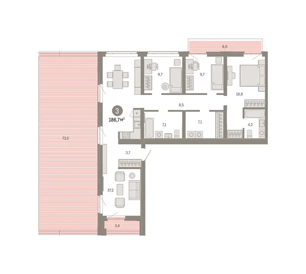 Новая 3-к квартира
 186.65 м² на 3/8 этаже в ЖК «Республики 205» в городе Тюмень 