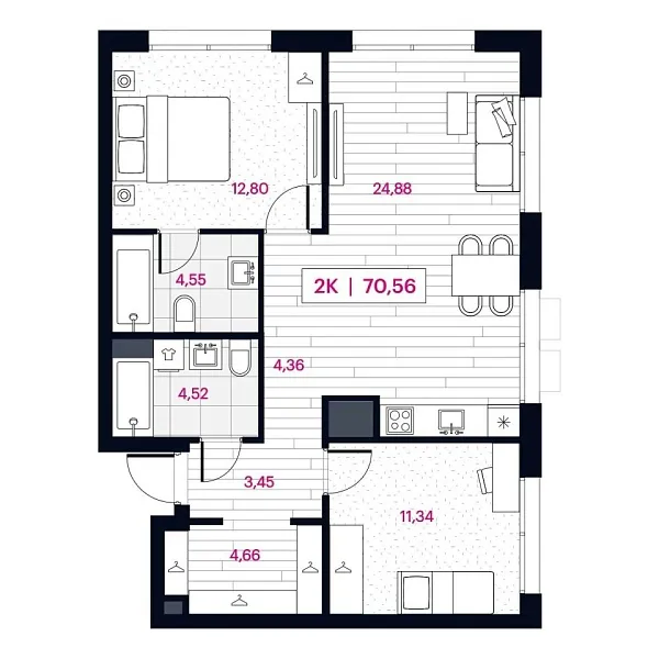 Новая 2-к квартира
 70.93 м² на 4/16 этаже в ЖК «Пушкина» в городе Тюмень 