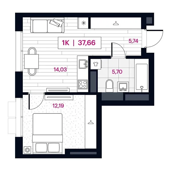Новая 1-к квартира
 37.66 м² на 5/16 этаже в ЖК «Пушкина» в городе Тюмень 