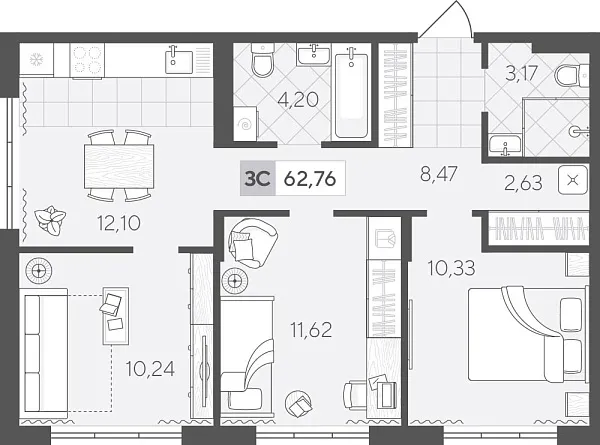 Новая 3-к квартира
 62.76 м² на 4/4 этаже в ЖК «Скандиа. Квартал у Озера» в городе Тюмень 