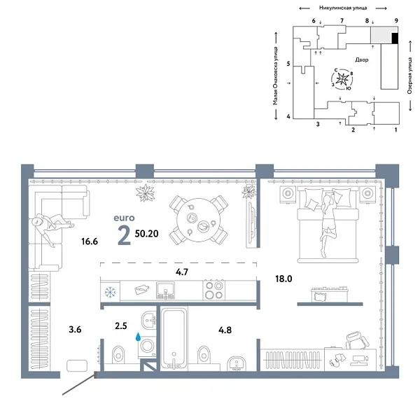 Новая 2-к квартира
 50.2 м² на 9/30 этаже в ЖК «Страна.Озёрная» в городе Тюмень 