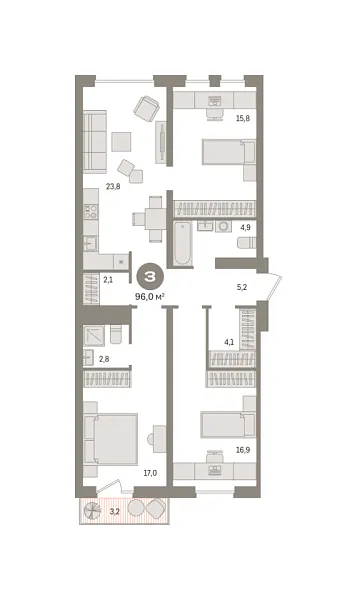 Новая 3-к квартира
 95.97 м² на 6/17 этаже в ЖК «Новин» в городе Тюмень 