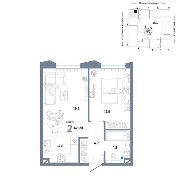 Новая 2-к квартира
 42.9 м² на 16/30 этаже в ЖК «Страна.Озёрная» в городе Тюмень 