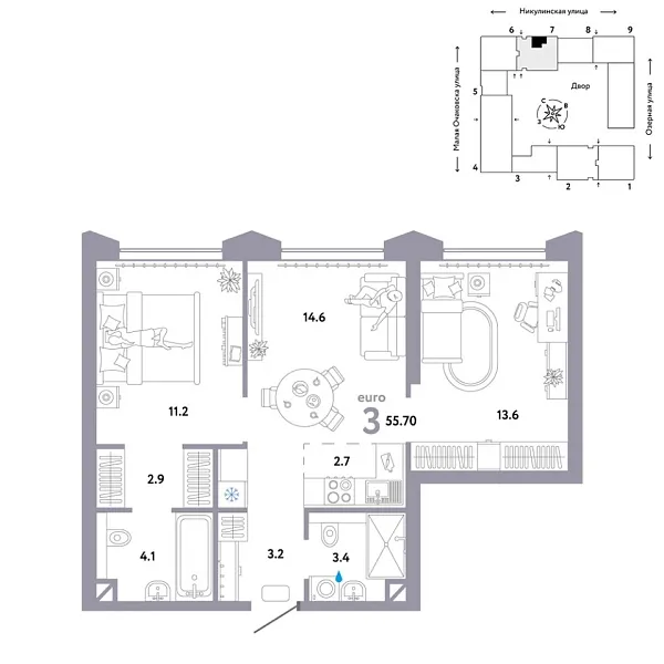 Новая 3-к квартира
 55.7 м² на 26/30 этаже в ЖК «Страна.Озёрная» в городе Тюмень 