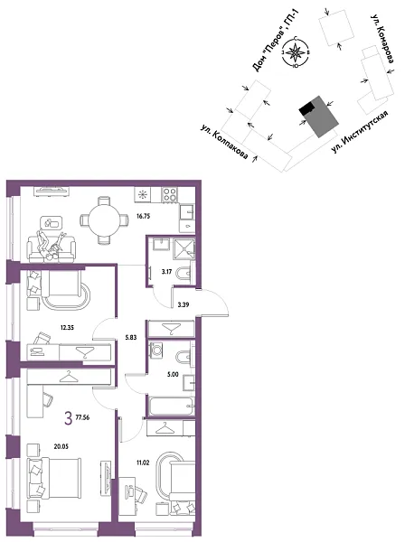 Новая 3-к квартира
 77.56 м² на 14/25 этаже в ЖК «Страна.Парковая» в городе Тюмень 