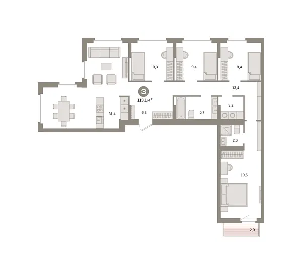 Новая 4-к квартира
 113.1 м² на 9/9 этаже в ЖК «Квартал «Депо»» в городе Тюмень 