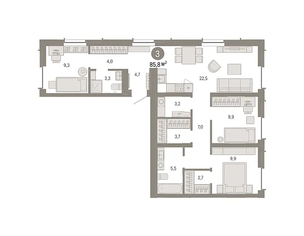 Новая 3-к квартира
 85.76 м² на 4/7 этаже в ЖК «Республики 205» в городе Тюмень 