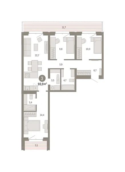 Новая 3-к квартира
 93.91 м² на 4/7 этаже в ЖК «Кварталы «На Минской»» в городе Тюмень 