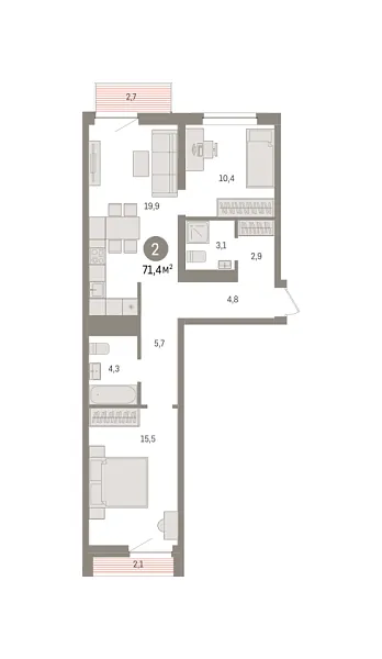 Новая 2-к квартира
 71.4 м² на 6/8 этаже в ЖК «Речной порт» в городе Тюмень 