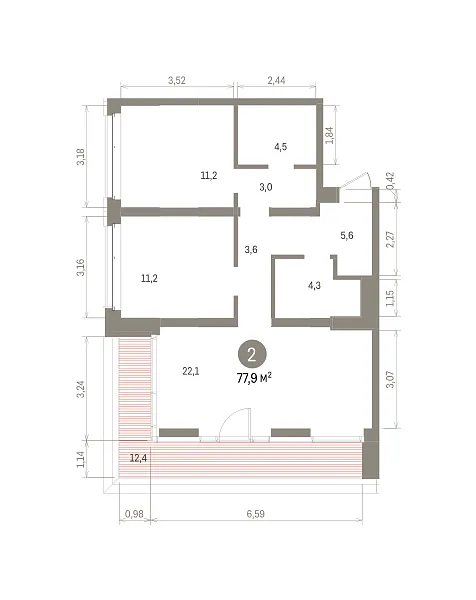 Количество комнат: 2,  77.85 кв.м.
