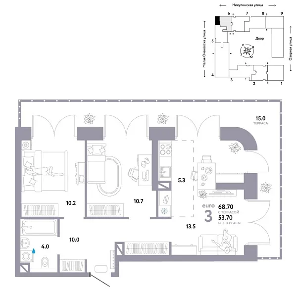 Новая 3-к квартира
 68.7 м² на 8/30 этаже в ЖК «Страна.Озёрная» в городе Тюмень 