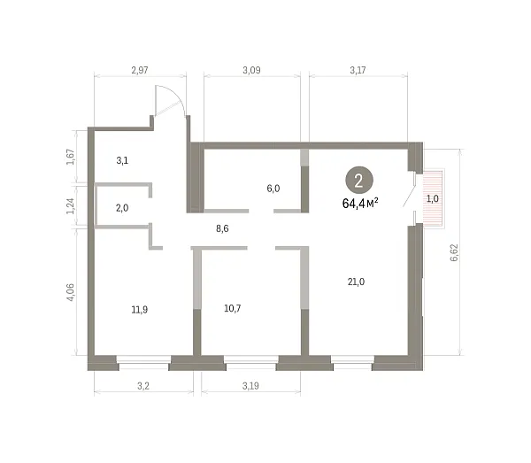 Количество комнат: 2,  64.3 кв.м.