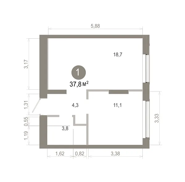 Количество комнат: 1,  37.81 кв.м.