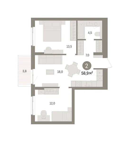 Новая 2-к квартира
 58.85 м² на 5/9 этаже в ЖК «Брусника в Новоселье» в городе Тюмень 
